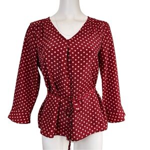 Skies Are Blue Polka-dot Red V-neck Blouse w/Tie Waist Size S